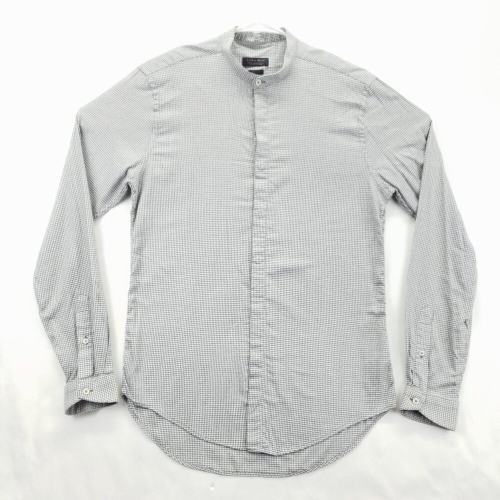 Zara Man Shirt Mens Medium Black White Houndstooth Slim Fit Concealed Button